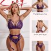 Women Lingerie Set Lace Teddy Strap Babydoll Bodysuit Bra Panty Lingerie with Garter Belts and Purple Stocking - Image 5