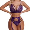 Women Lingerie Set Lace Teddy Strap Babydoll Bodysuit Bra Panty Lingerie with Garter Belts and Purple Stocking
