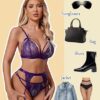 Women Lingerie Set Lace Teddy Strap Babydoll Bodysuit Bra Panty Lingerie with Garter Belts and Purple Stocking - Image 3